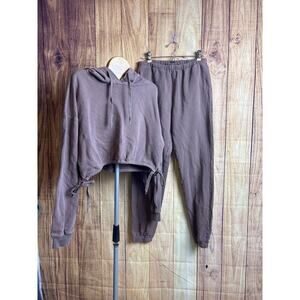 Hey Babe Hoodie Jogger Set Washed Out Brown S/M